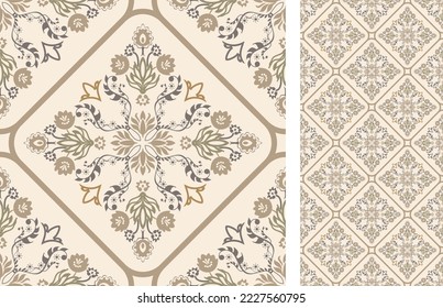 Seamless Azulejo tile. Portuguese and Spain decor. Ceramic tile with Victorian motives. Seamless Floral pattern. Vector hand drawn illustration, typical portuguese and spanish tile