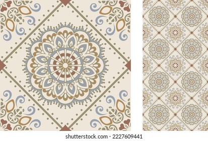 Seamless Azulejo tile. Portuguese and Spain decor. Ceramic tile with mandalas. Seamless Floral pattern. Vector hand drawn illustration, typical portuguese and spanish tile