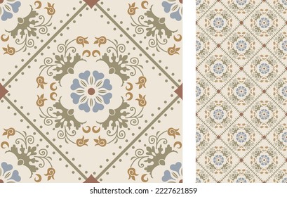 Seamless Azulejo tile. Portuguese and Spain decor. Ceramic tile with Victorian motives. Seamless Floral pattern. Vector hand drawn illustration, typical portuguese and spanish tile