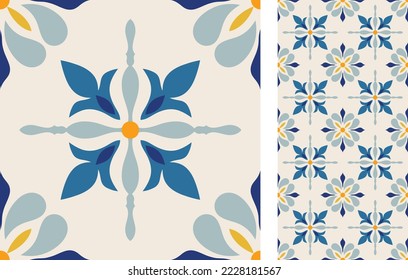 Seamless Azulejo tile. Portuguese and Spain decor. Ceramic tile. Seamless Floral pattern. Vector hand drawn illustration, typical portuguese and spanish tile