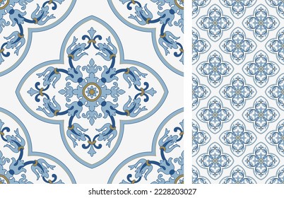 Seamless Azulejo tile. Portuguese and Spain decor. Ceramic tile with Victorian motives. Seamless Floral pattern. Vector hand drawn illustration, typical portuguese and spanish tile