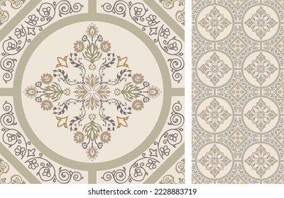 Seamless Azulejo tile. Portuguese and Spain decor. Ceramic tile with Victorian motives. Seamless Floral pattern. Vector hand drawn illustration, typical portuguese and spanish tile