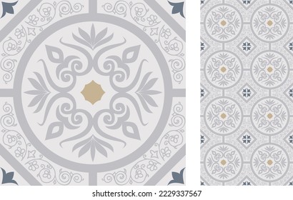 Seamless Azulejo tile. Portuguese and Spain decor. Ceramic tile with Victorian motives. Seamless Floral pattern. Vector hand drawn illustration, typical portuguese and spanish tile