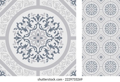 Seamless Azulejo tile. Portuguese and Spain decor. Ceramic tile with Victorian motives. Seamless Floral pattern. Vector hand drawn illustration, typical portuguese and spanish tile