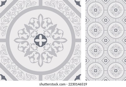 Seamless Azulejo tile. Portuguese and Spain decor. Ceramic tile with Victorian motives. Seamless Floral pattern. Vector hand drawn illustration, typical portuguese and spanish tile