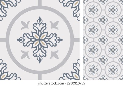 Seamless Azulejo tile. Portuguese and Spain decor. Ceramic tile. Seamless Floral pattern. Vector hand drawn illustration, typical portuguese and spanish tile