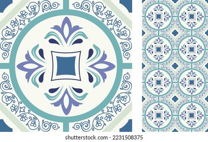 Seamless Azulejo tile. Portuguese and Spain decor. Ceramic tile. Seamless Floral pattern. Vector hand drawn illustration, typical portuguese and spanish tile