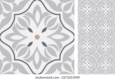 Seamless Azulejo tile. Portuguese and Spain decor. Ceramic tile. Seamless Victorian pattern. Vector hand drawn illustration, typical portuguese and spanish tile