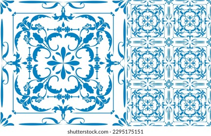  Seamless Azulejo tile. Portuguese and Spain decor. Ceramic tile. Seamless Floral pattern. Vector hand drawn illustration, typical portuguese and spanish tile