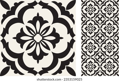 Seamless Azulejo tile. Portuguese and Spain decor. Ceramic tile. Vector hand drawn illustration, typical portuguese and spanish tile