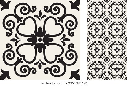 Seamless Azulejo tile. Portuguese and Spain decor. Floral ceramic tile. Vector hand drawn illustration, typical portuguese and spanish tile