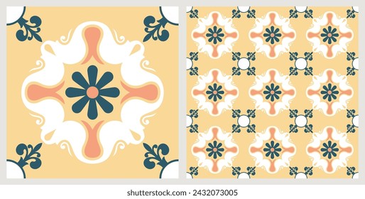 Seamless Azulejo tile. Portuguese and Spain decor. Ceramic tile. Seamless Floral pattern. Vector hand drawn illustration, typical portuguese and spanish tile