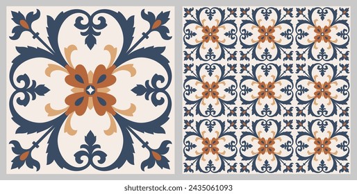 Azulejo sin costuras. Decoración portuguesa y española. Azulejo de cerámica. Patrón floral sin costuras. Ilustración dibujada a mano del vector, azulejo portugués y español típico