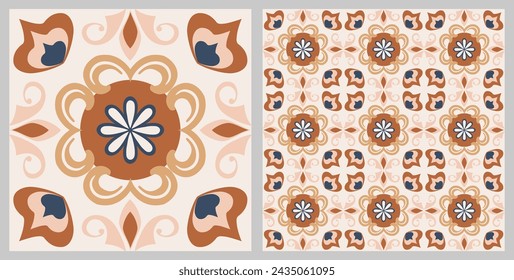 Seamless Azulejo tile. Portuguese and Spain decor. Ceramic tile. Seamless Floral pattern. Vector hand drawn illustration, typical portuguese and spanish tile