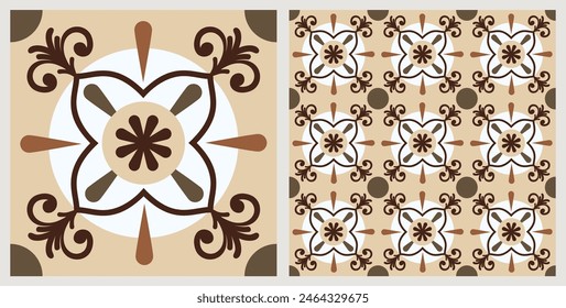 Seamless Azulejo tile. Portuguese and Spain decor. Ceramic tile. Seamless Floral pattern. Vector hand drawn illustration, typical portuguese and spanish tile