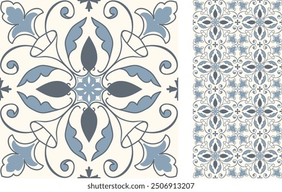 Seamless Azulejo tile. Portuguese and Spain decor. Ceramic tile with Victorian motives. Seamless Floral pattern. Vector hand drawn illustration, typical portuguese and spanish tile