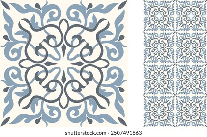 Seamless Azulejo tile. Portuguese and Spain decor. Ceramic tile with Victorian motives. Seamless Floral pattern. Vector hand drawn illustration, typical portuguese and spanish tile pattern