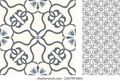 Seamless Azulejo tile. Portuguese and Spain decor. Ceramic tile with Victorian motives. Seamless Floral pattern. Vector hand drawn illustration, typical portuguese and spanish tile pattern