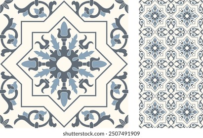 Seamless Azulejo tile. Portuguese and Spain decor. Ceramic tile with Victorian motives. Seamless Floral pattern. Vector hand drawn illustration, typical portuguese and spanish tile pattern