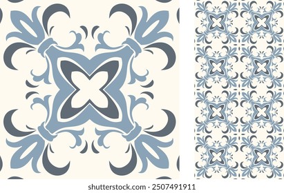 Seamless Azulejo tile. Portuguese and Spain decor. Ceramic tile with Victorian motives. Seamless Floral pattern. Vector hand drawn illustration, typical portuguese and spanish tile pattern