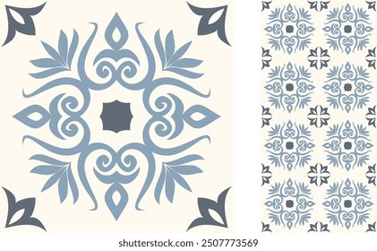 Seamless Azulejo tile. Portuguese and Spain decor. Ceramic tile with Victorian motives. Seamless Floral pattern. Vector hand drawn illustration, typical portuguese and spanish tile pattern