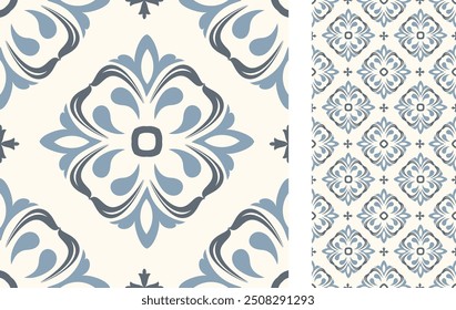 Seamless Azulejo tile. Portuguese and Spain decor. Ceramic tile with Victorian motives. Seamless Floral pattern. Vector hand drawn illustration, typical portuguese and spanish tile pattern