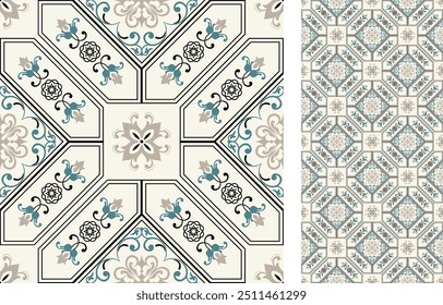 Azulejo sem costura. Decoração portuguesa e espanhola. Ladrilhos de cerâmica. Ilustração desenhada à mão vetorial, padrão típico de azulejos em português e espanhol