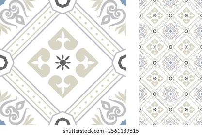 Seamless Azulejo tile. Portuguese and Spain decor. Ceramic tile. Seamless Floral pattern. Vector hand drawn illustration, typical portuguese and spanish tile