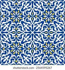 Seamless Azulejo tile. Portuguese and Spain decor. Ceramic tile. Seamless Floral pattern. Vector hand drawn illustration, typical portuguese and spanish tile