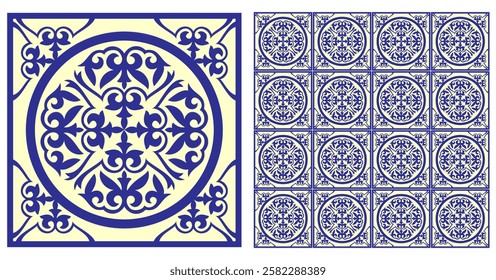 Seamless Azulejo tile. Portuguese and Spain decor. Ceramic tile. Portuguese, Sicilian, Spanish tile traditional design. Backdrop for wrapping paper, wallpaper, fabric, textile. Vector