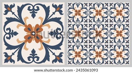 Seamless Azulejo tile. Portuguese and Spain decor. Ceramic tile. Seamless Floral pattern. Vector hand drawn illustration, typical portuguese and spanish tile