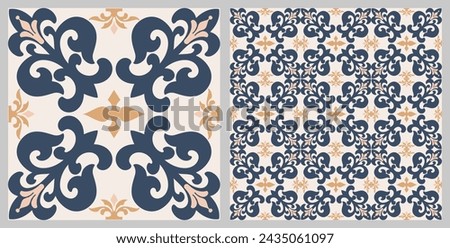 Seamless Azulejo tile. Portuguese and Spain decor. Ceramic tile. Seamless Floral pattern. Vector hand drawn illustration, typical portuguese and spanish tile