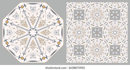 Seamless azulejo tiles. Portugal and Spain decor. Victorian ceramic tiles. Seamless floral pattern. Vector hand drawn illustration, typical Portuguese and Spanish tiles