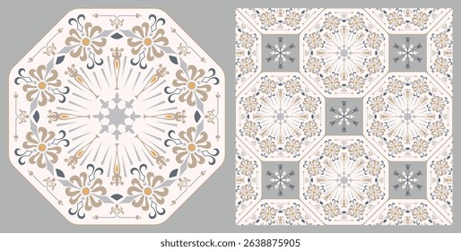 Seamless azulejo tiles. Portugal and Spain decor. Victorian ceramic tiles. Seamless floral pattern. Vector hand drawn illustration, typical Portuguese and Spanish tiles