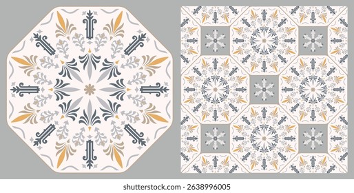 Seamless azulejo tiles. Portugal and Spain decor. Victorian ceramic tiles. Seamless floral pattern. Vector hand drawn illustration, typical Portuguese and Spanish tiles