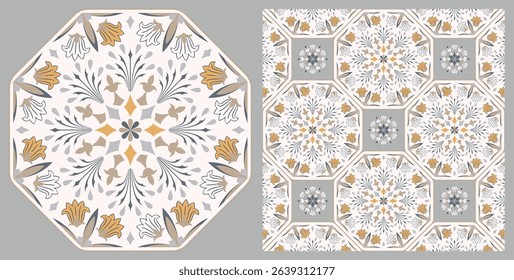 Seamless azulejo tiles. Portugal and Spain decor. Victorian ceramic tiles. Seamless floral pattern. Vector hand drawn illustration, typical Portuguese and Spanish tiles