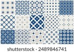 Seamless azulejos ceramic design tiles pattern collection. Hand drawn traditional blue floral and geometric vector background.