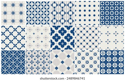 Seamless azulejos ceramic design tiles pattern collection. Hand drawn traditional blue floral and geometric vector background.