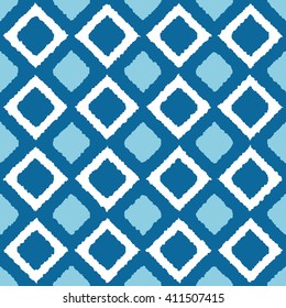 Seamless azure blue ikat diagonal squares check pattern vector