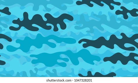 Seamless azure camouflage pattern. Repeating bright blue military clothing texture.
