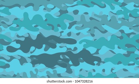 Seamless azure camouflage pattern. Repeating bright blue military clothing texture.
