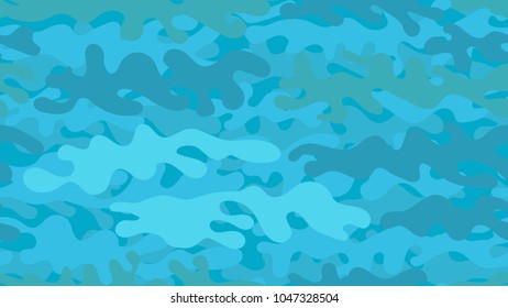 Seamless azure camouflage pattern. Repeating bright blue military clothing texture.
