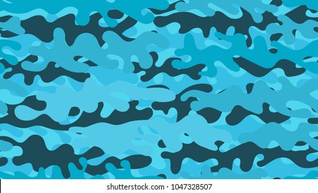 Seamless azure camouflage pattern. Repeating bright blue military clothing texture.
