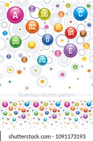 Seamless A B C D E K vitamin mineral pattern. Pharmacy medical poster idea, health concept. Vector illustration clip art design. Flat rainbow color icon set isolated white background. Repeat wallpaper