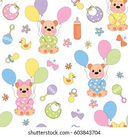 Seamless baby background with baby-bear, balloons and children's accessories. Vector illustration.