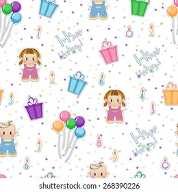 Seamless baby background. Children's background of candles, gifts, balloons, tinsel. A girl and a boy.