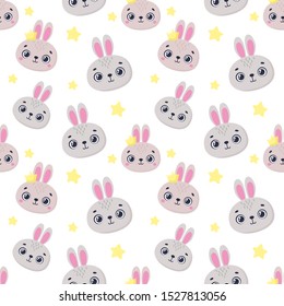 Seamless baby background with cute rabbits and yellow stars. Vector illustration