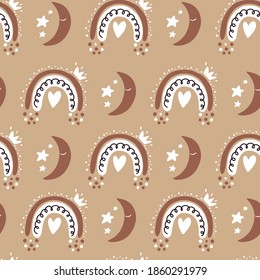 Seamless baby background with rainbow, month and stars in pastel colors. Baby textures for fabrics, packaging, textiles, wallpaper, clothing. Cartoon vector illustration.