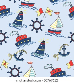 Seamless baby background with sea, ship and lighthouse