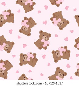 Seamless Baby Bear Holding Love Pattern With Light Pink Color Background